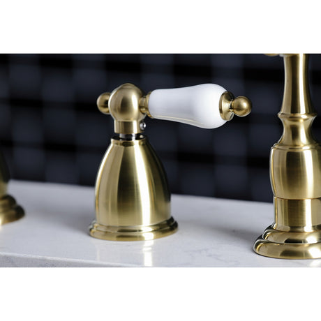 Heritage KB1797PLBS Two-Handle 4-Hole Deck Mount Widespread Kitchen Faucet with Brass Sprayer, Brushed Brass