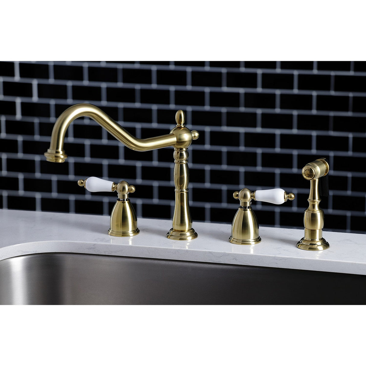 Heritage KB1797PLBS Two-Handle 4-Hole Deck Mount Widespread Kitchen Faucet with Brass Sprayer, Brushed Brass