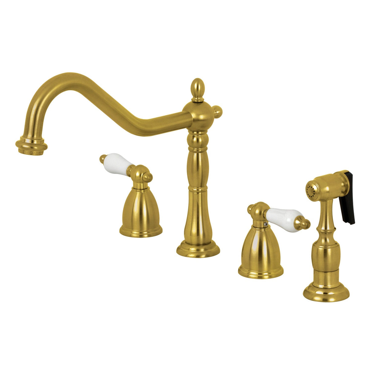 Heritage KB1797PLBS Two-Handle 4-Hole Deck Mount Widespread Kitchen Faucet with Brass Sprayer, Brushed Brass