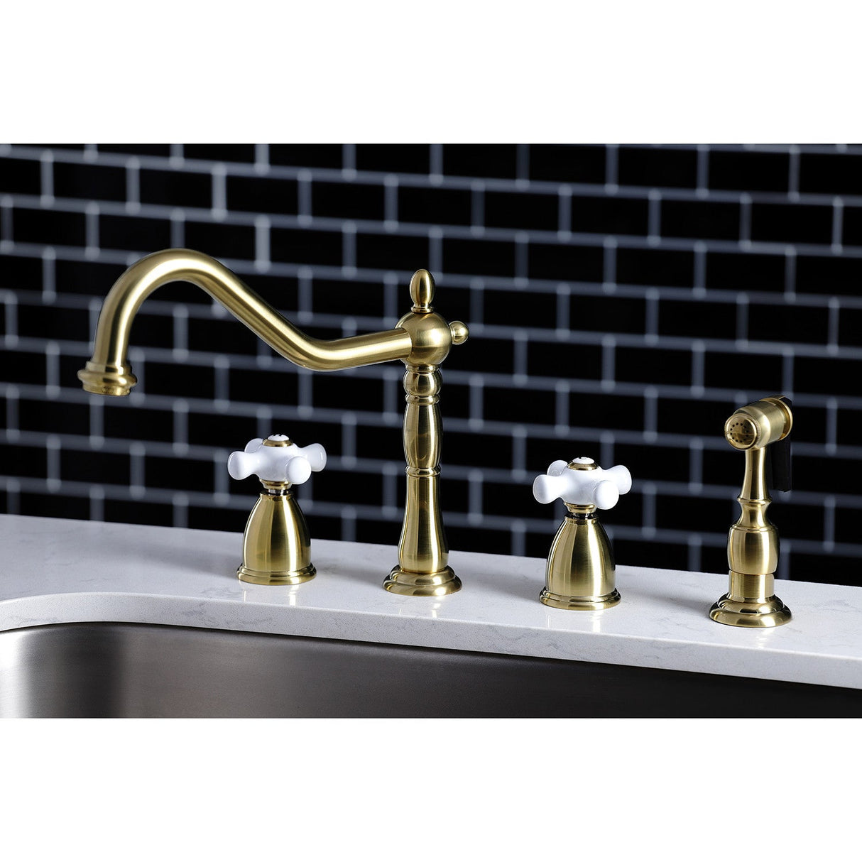 Heritage KB1797PXBS Two-Handle 4-Hole Deck Mount Widespread Kitchen Faucet with Brass Sprayer, Brushed Brass