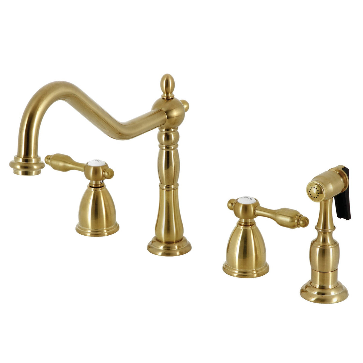 Tudor KB1797TALBS Two-Handle 4-Hole Deck Mount Widespread Kitchen Faucet with Brass Sprayer, Brushed Brass