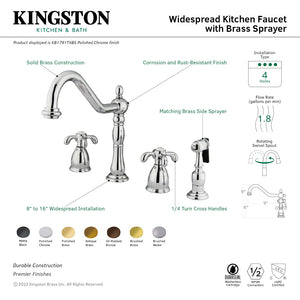 French Country KB1797TXBS Two-Handle 4-Hole Deck Mount Widespread Kitchen Faucet with Brass Sprayer, Brushed Brass