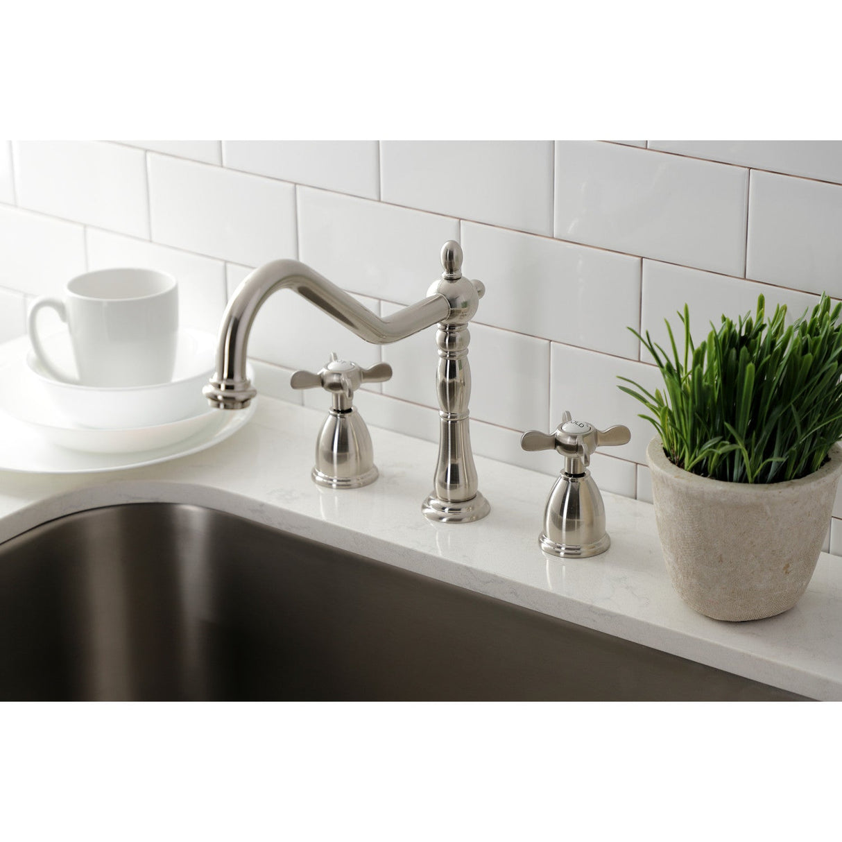 Essex KB1798BEXLS Two-Handle 3-Hole Deck Mount Widespread Kitchen Faucet, Brushed Nickel