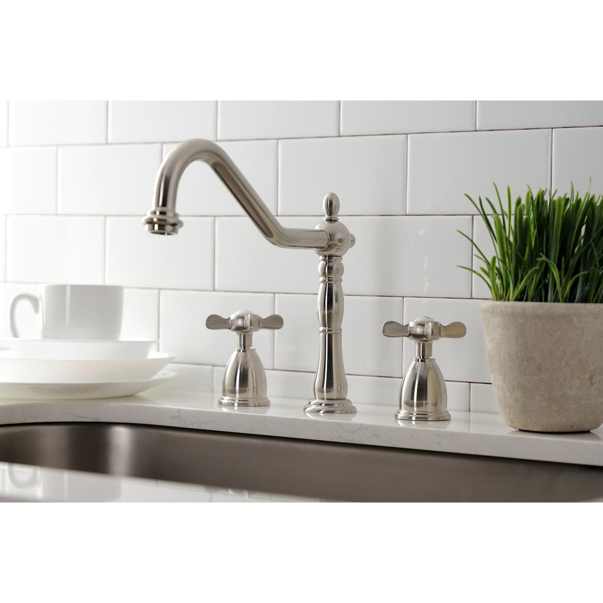 Essex KB1798BEXLS Two-Handle 3-Hole Deck Mount Widespread Kitchen Faucet, Brushed Nickel