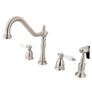 Heritage KB1798PLBS Two-Handle 4-Hole Deck Mount Widespread Kitchen Faucet with Brass Sprayer, Brushed Nickel