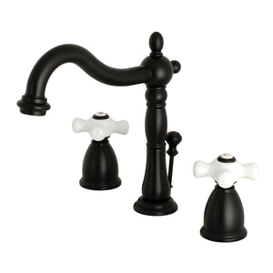 Heritage KB1970PX Two-Handle 3-Hole Deck Mount Widespread Bathroom Faucet with Brass Pop-Up, Matte Black