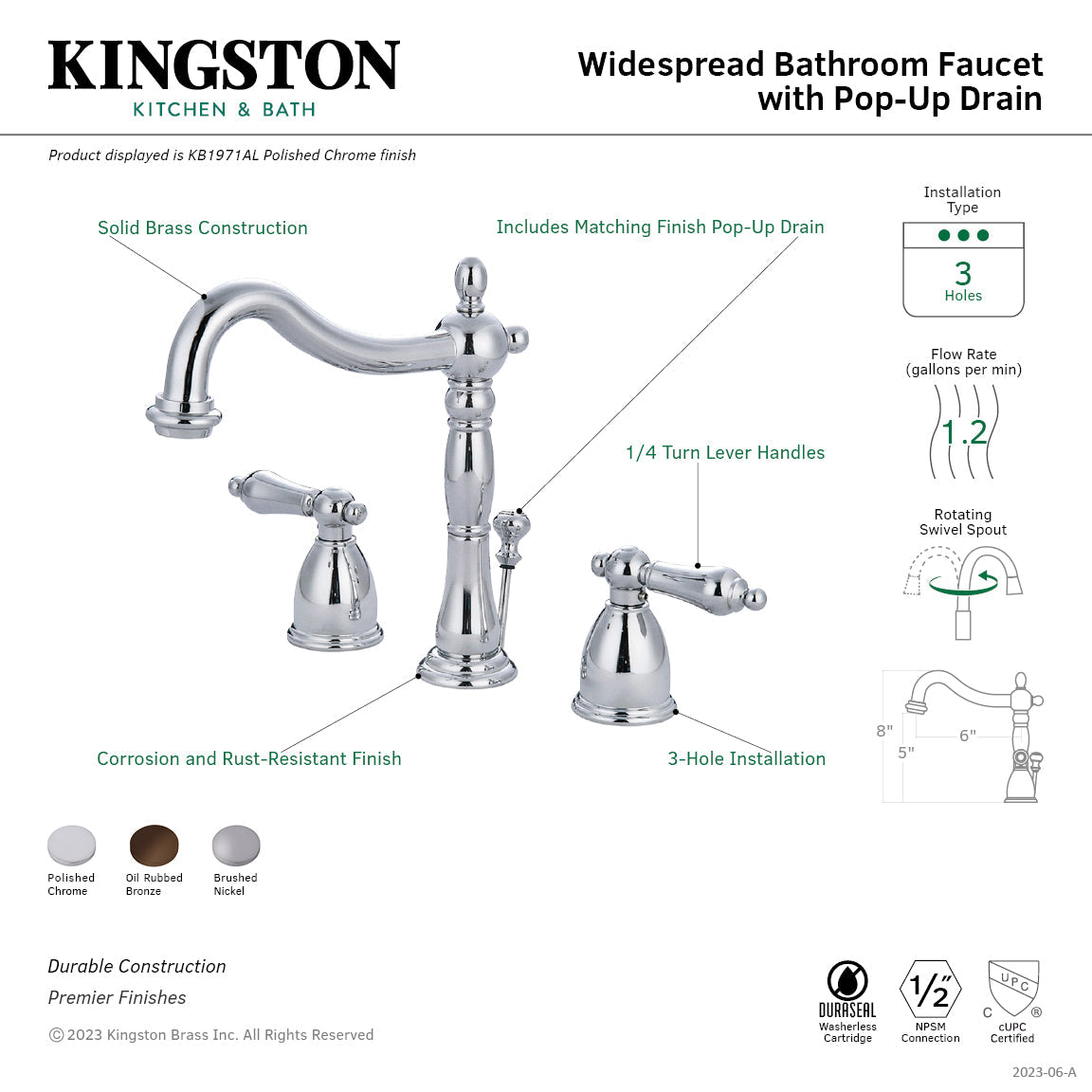 Heritage KB1971AL Two-Handle 3-Hole Deck Mount Widespread Bathroom Faucet with Plastic Pop-Up, Polished Chrome