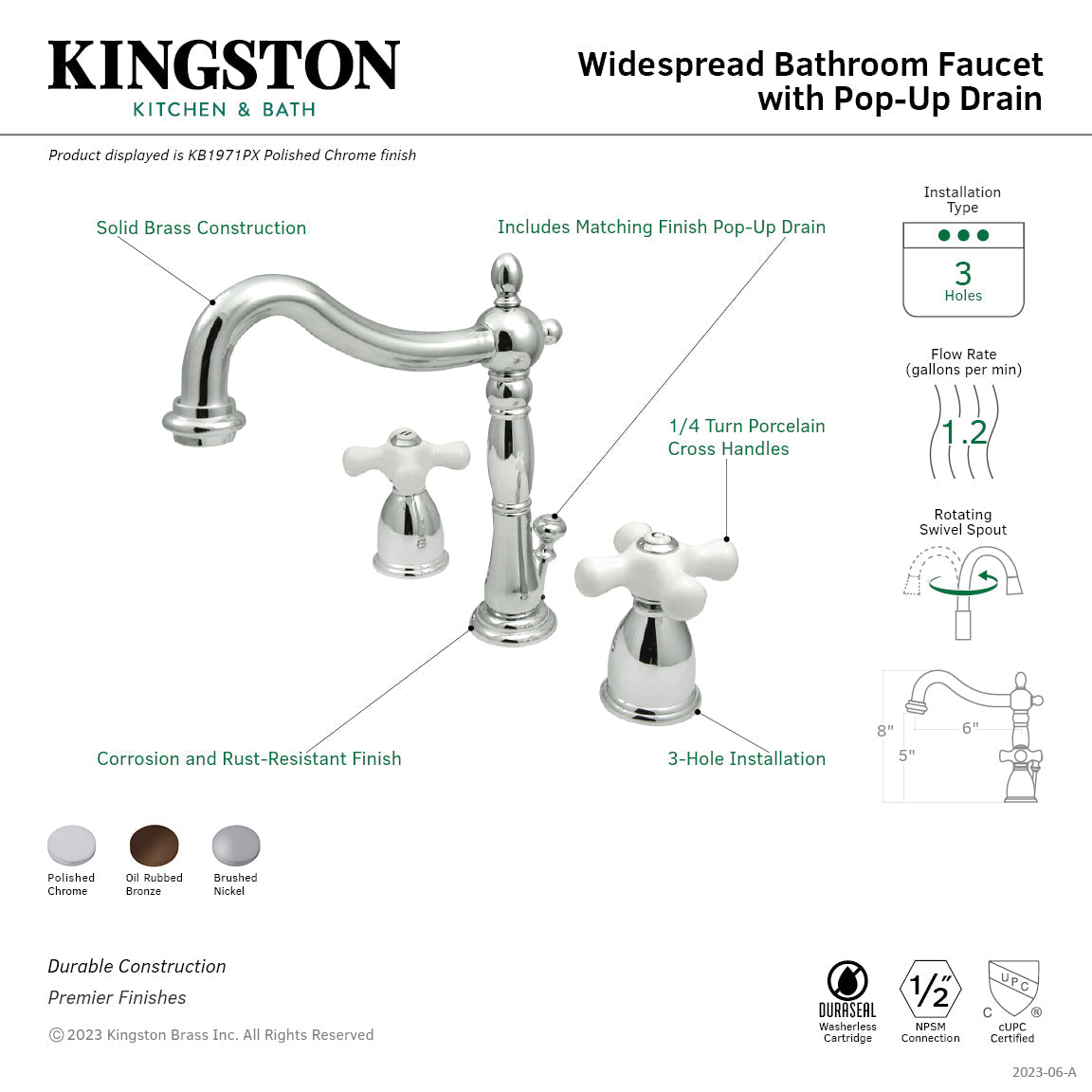 Heritage KB1971PX Two-Handle 3-Hole Deck Mount Widespread Bathroom Faucet with Plastic Pop-Up, Polished Chrome