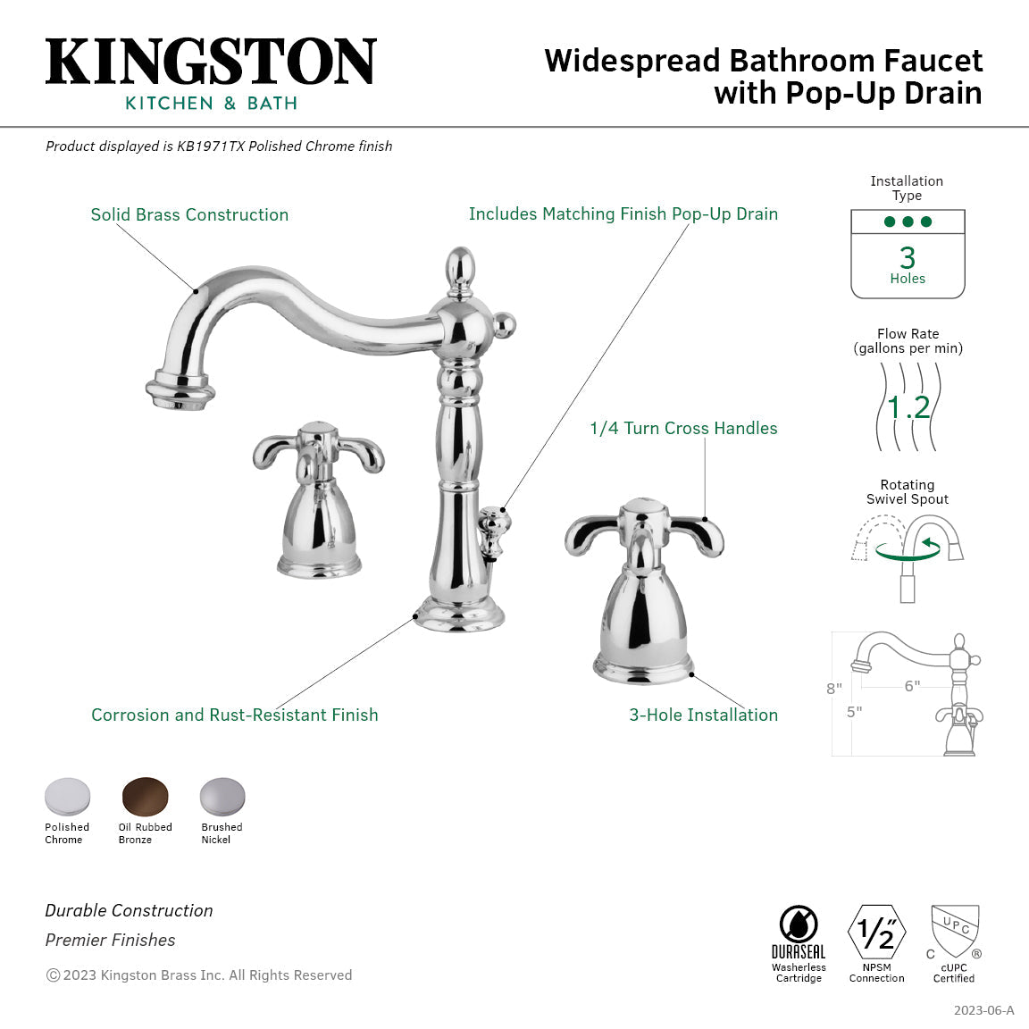 French Country KB1971TX Two-Handle 3-Hole Deck Mount Widespread Bathroom Faucet with Plastic Pop-Up, Polished Chrome