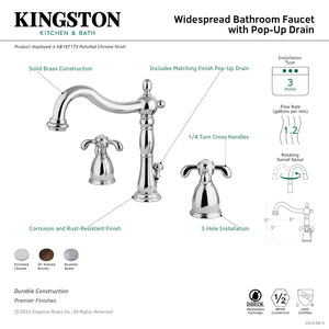 French Country KB1971TX Two-Handle 3-Hole Deck Mount Widespread Bathroom Faucet with Plastic Pop-Up, Polished Chrome