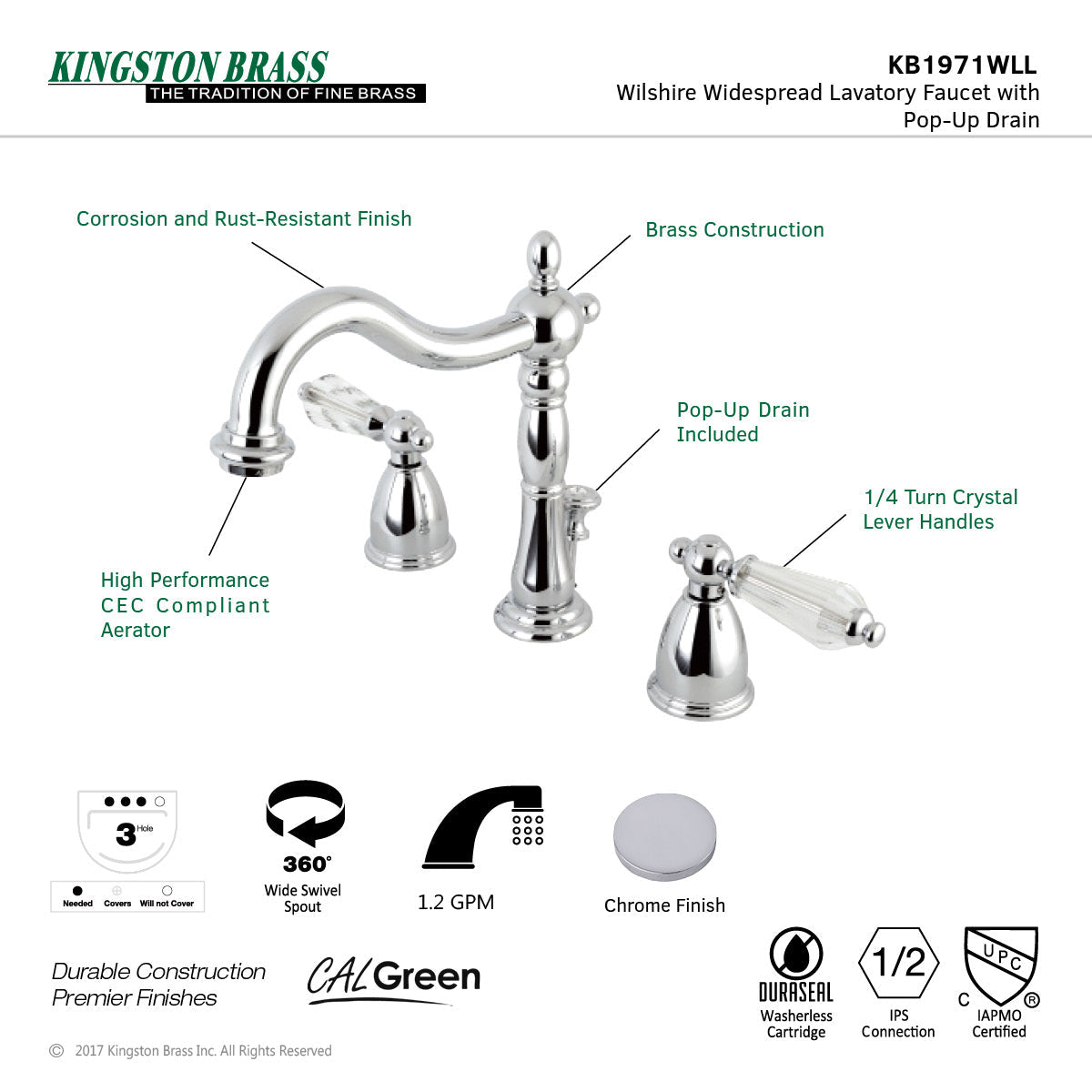 Wilshire KB1971WLL Two-Handle 3-Hole Deck Mount Widespread Bathroom Faucet with Plastic Pop-Up, Polished Chrome