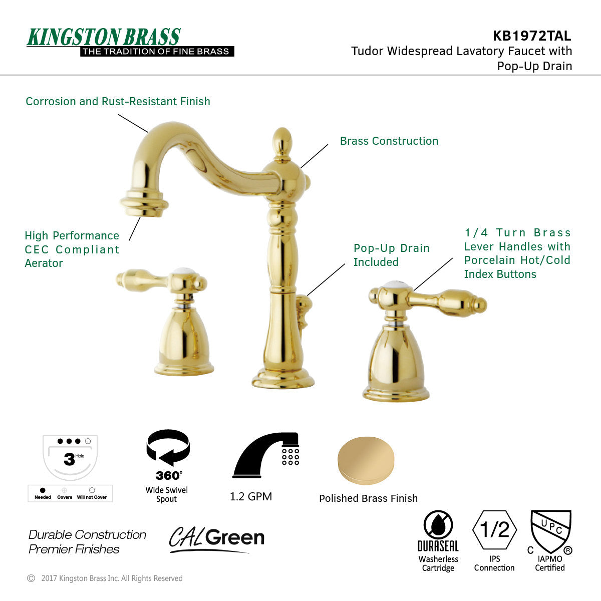 Tudor KB1972TAL Two-Handle 3-Hole Deck Mount Widespread Bathroom Faucet with Brass Pop-Up, Polished Brass