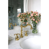 French Country KB1972TX Two-Handle 3-Hole Deck Mount Widespread Bathroom Faucet with Brass Pop-Up, Polished Brass