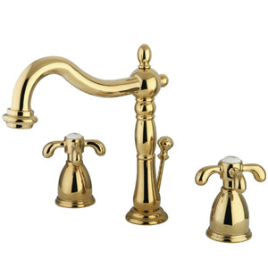 French Country KB1972TX Two-Handle 3-Hole Deck Mount Widespread Bathroom Faucet with Brass Pop-Up, Polished Brass