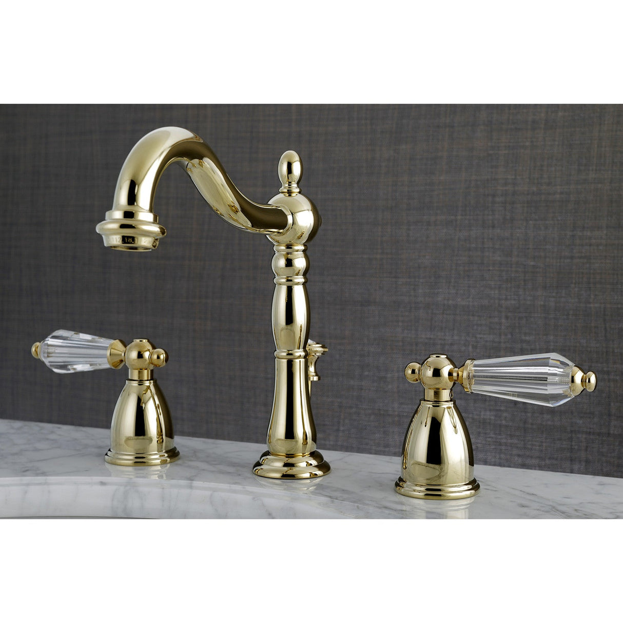 Wilshire KB1972WLL Two-Handle 3-Hole Deck Mount Widespread Bathroom Faucet with Brass Pop-Up, Polished Brass