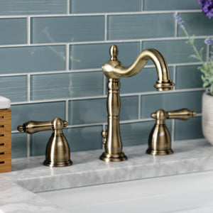 Heritage KB1973AL Two-Handle 3-Hole Deck Mount Widespread Bathroom Faucet with Brass Pop-Up, Antique Brass