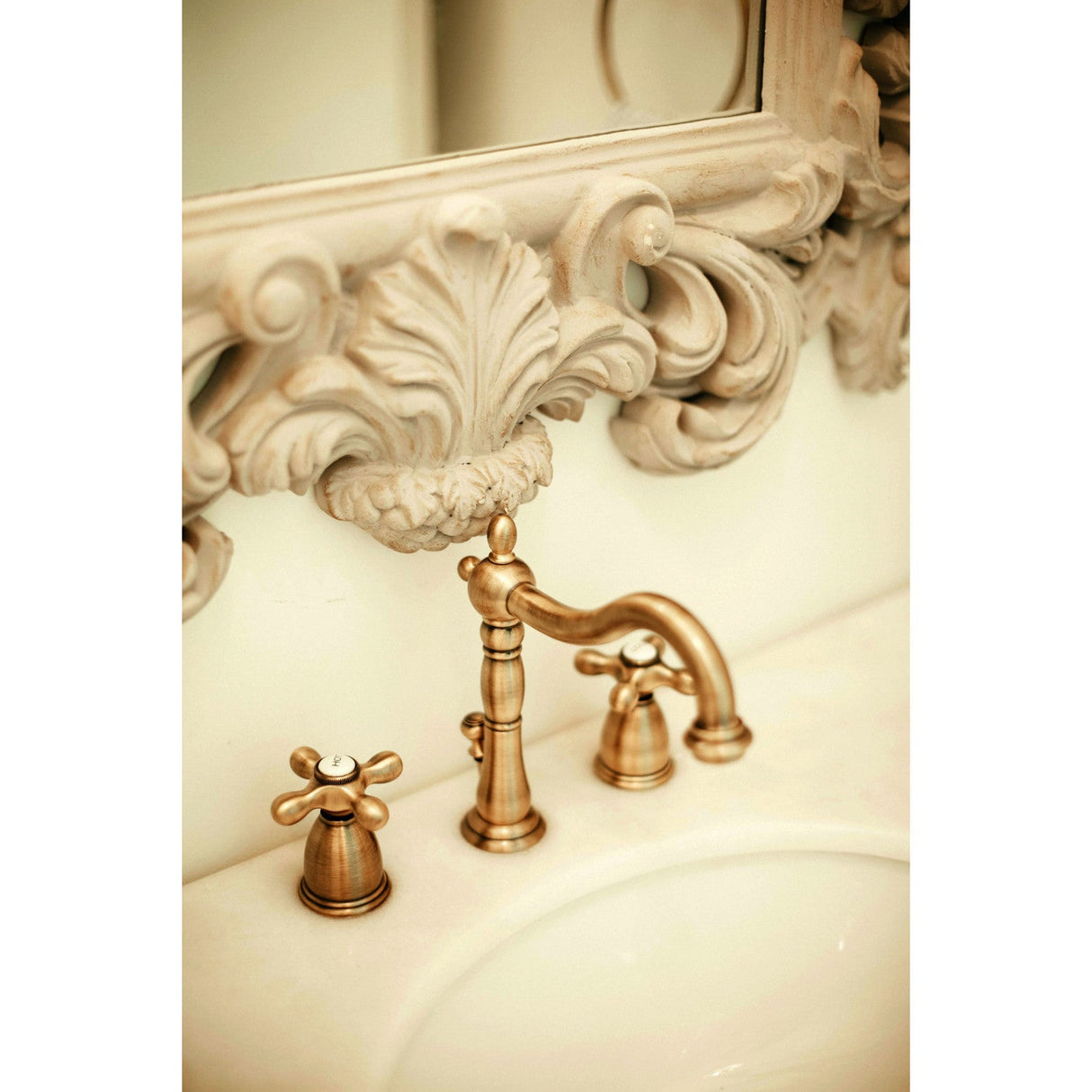 Heritage KB1973AX Two-Handle 3-Hole Deck Mount Widespread Bathroom Faucet with Brass Pop-Up, Antique Brass