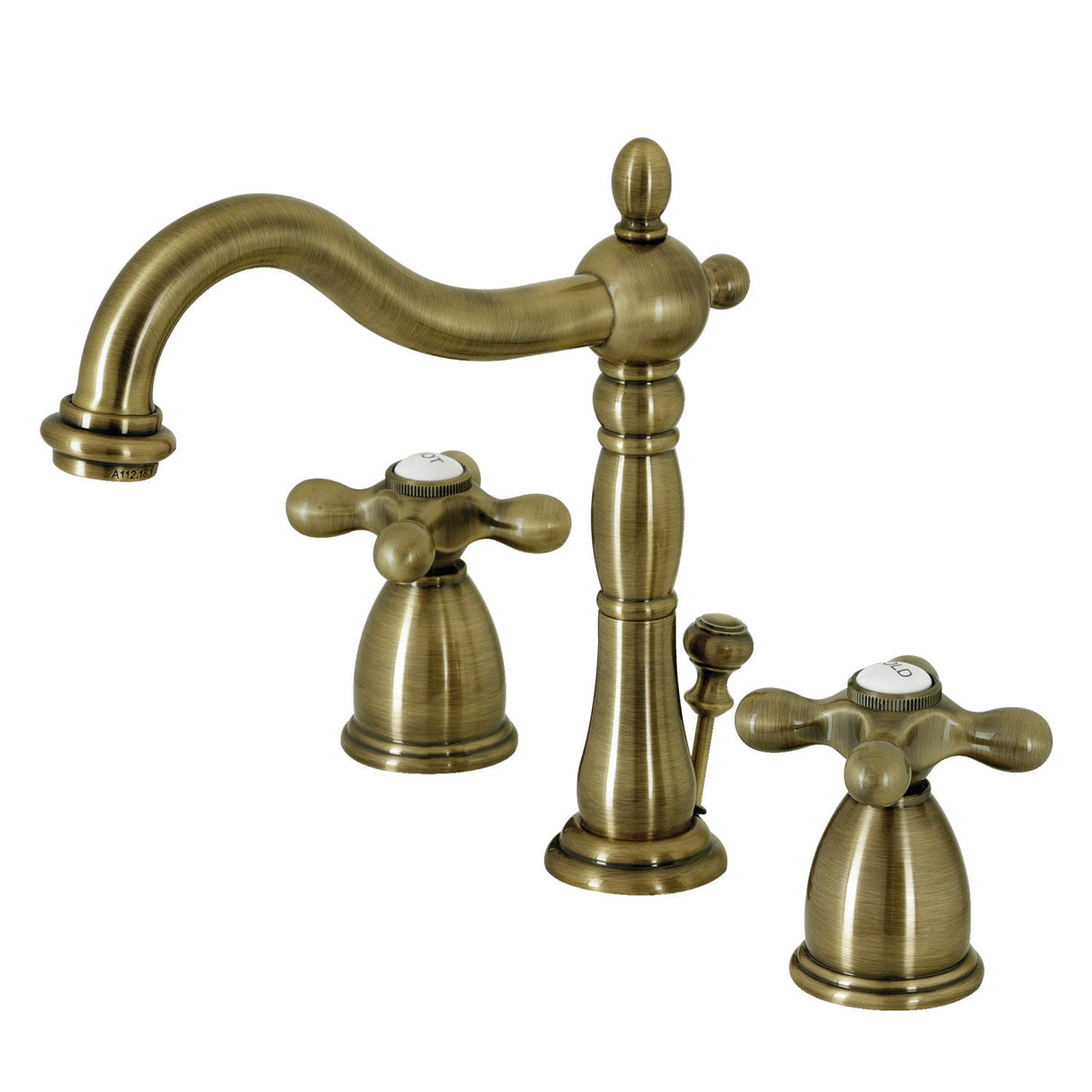 Heritage KB1973AX Two-Handle 3-Hole Deck Mount Widespread Bathroom Faucet with Brass Pop-Up, Antique Brass