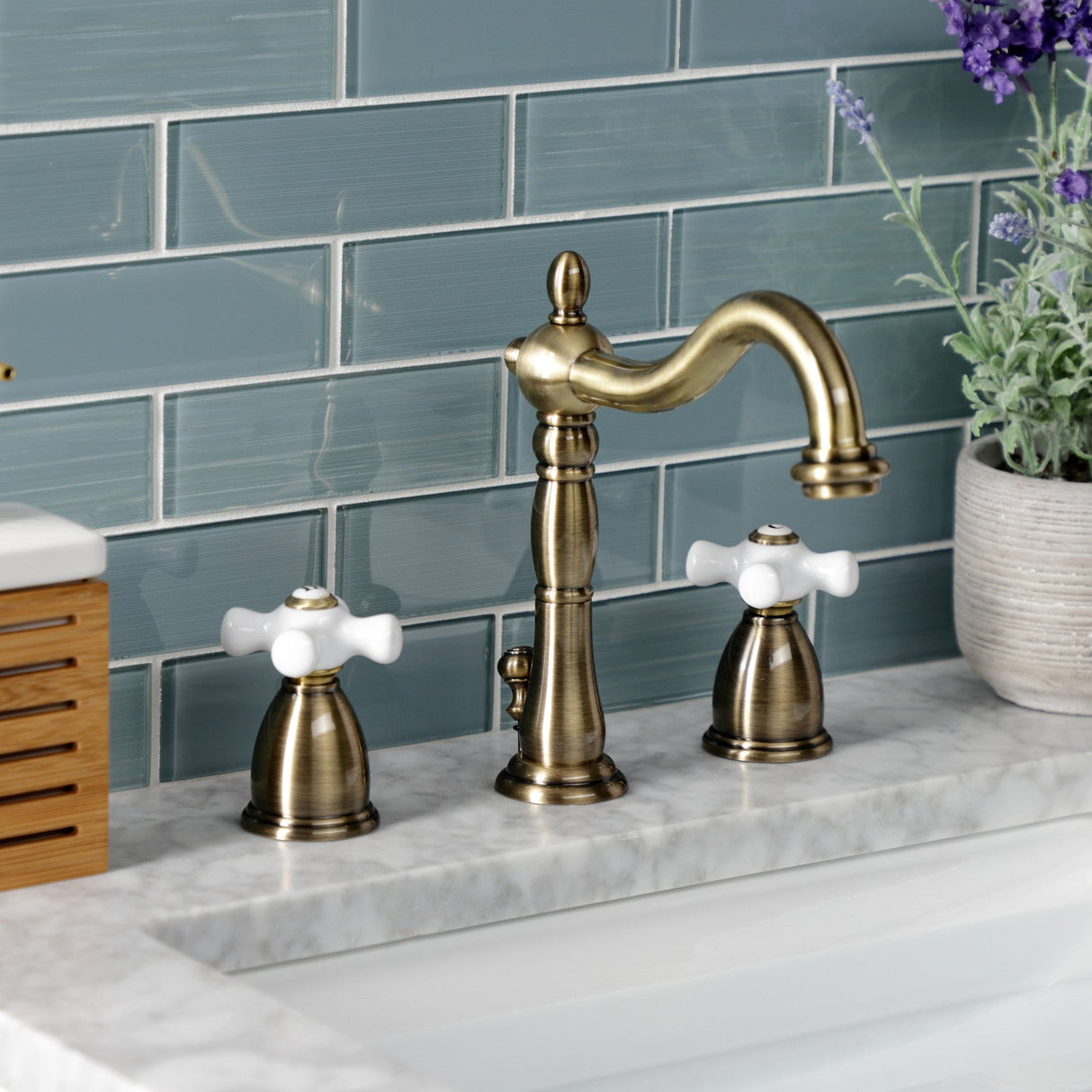 Heritage KB1973PX Two-Handle 3-Hole Deck Mount Widespread Bathroom Faucet with Brass Pop-Up, Antique Brass