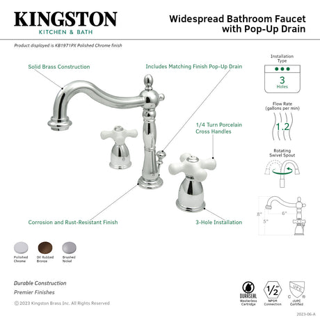 Heritage KB1975PX Two-Handle 3-Hole Deck Mount Widespread Bathroom Faucet with Plastic Pop-Up, Oil Rubbed Bronze