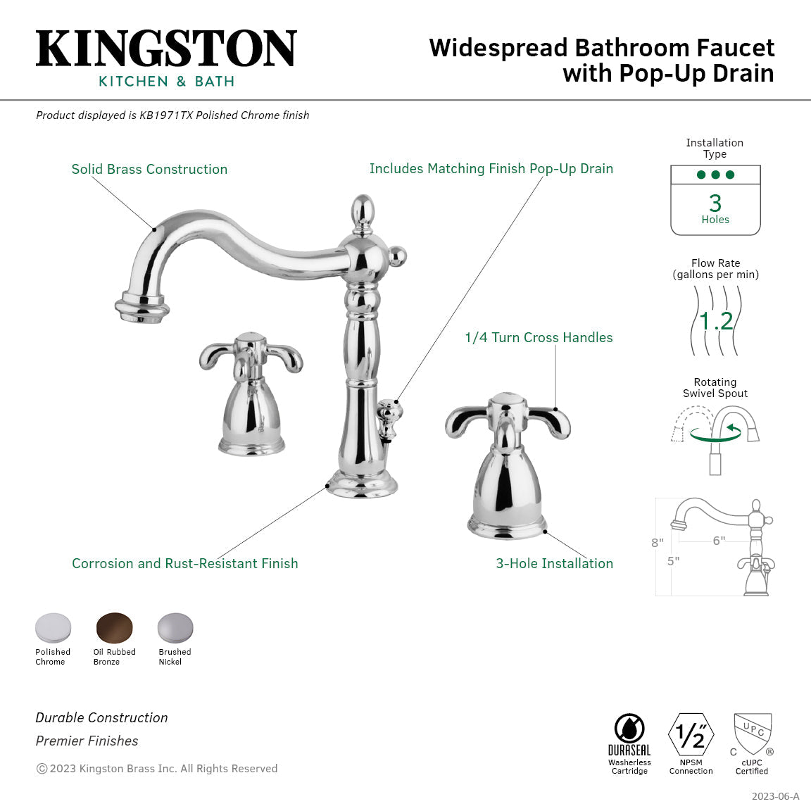 French Country KB1975TX Two-Handle 3-Hole Deck Mount Widespread Bathroom Faucet with Plastic Pop-Up, Oil Rubbed Bronze