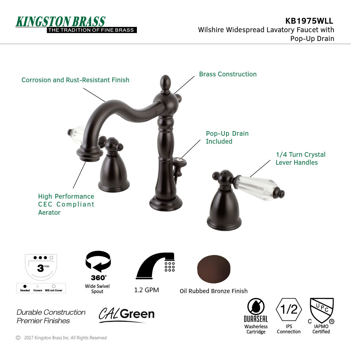 Wilshire KB1975WLL Two-Handle 3-Hole Deck Mount Widespread Bathroom Faucet with Plastic Pop-Up, Oil Rubbed Bronze