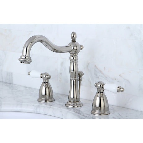 Heritage KB1976PL Two-Handle 3-Hole Deck Mount Widespread Bathroom Faucet with Brass Pop-Up, Polished Nickel