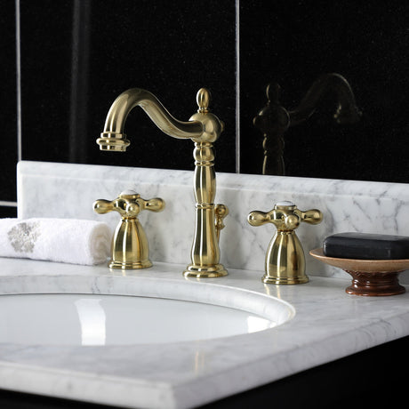 Heritage KB1977AX Two-Handle 3-Hole Deck Mount Widespread Bathroom Faucet with Brass Pop-Up, Brushed Brass