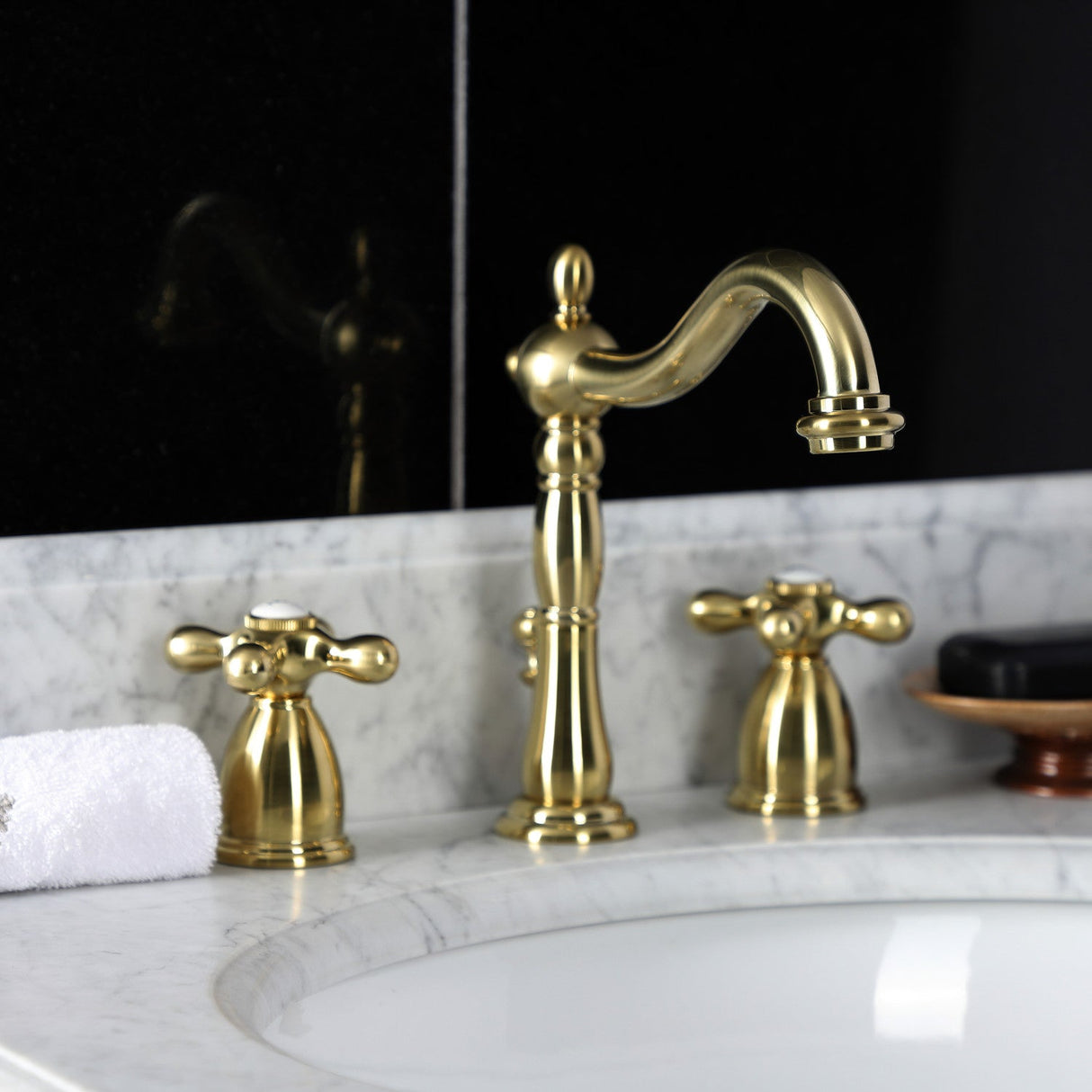 Heritage KB1977AX Two-Handle 3-Hole Deck Mount Widespread Bathroom Faucet with Brass Pop-Up, Brushed Brass