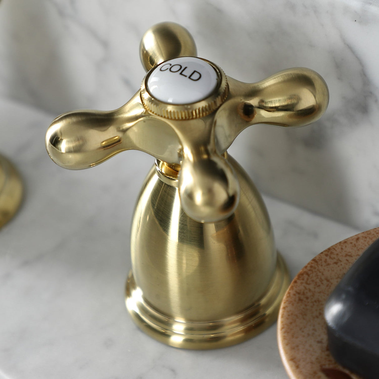 Heritage KB1977AX Two-Handle 3-Hole Deck Mount Widespread Bathroom Faucet with Brass Pop-Up, Brushed Brass