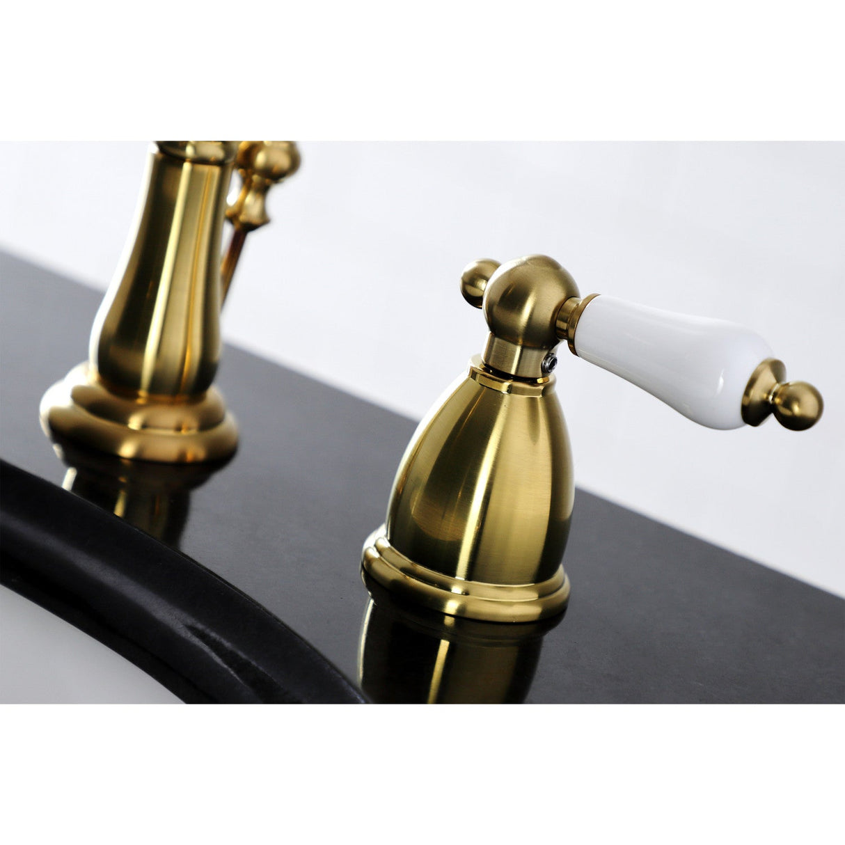 Heritage KB1977PL Two-Handle 3-Hole Deck Mount Widespread Bathroom Faucet with Brass Pop-Up, Brushed Brass