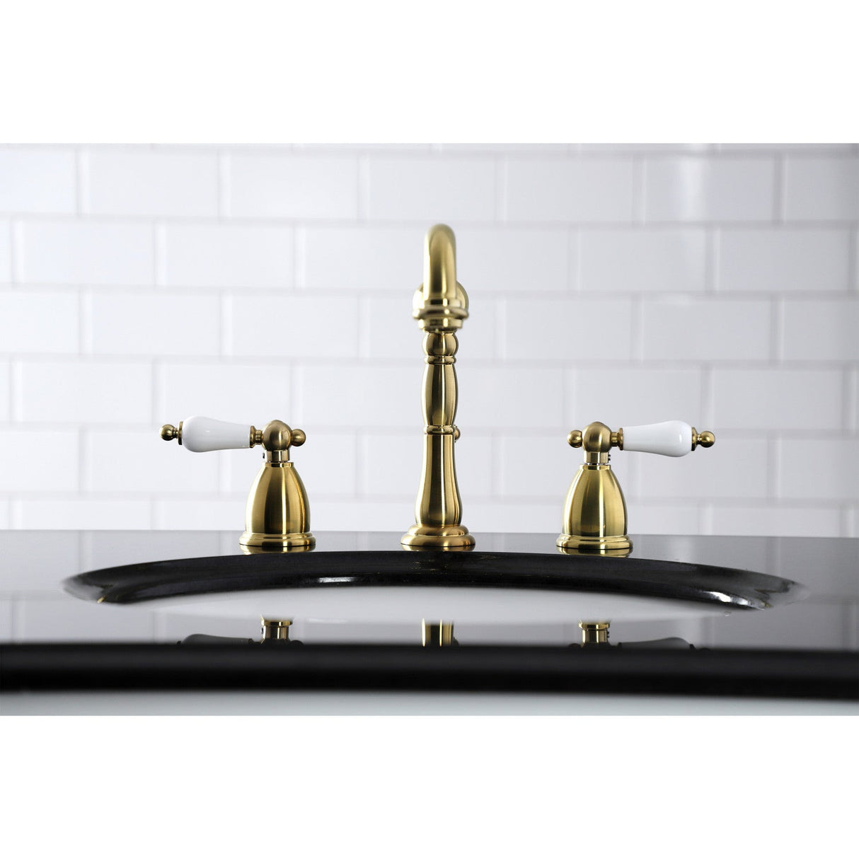 Heritage KB1977PL Two-Handle 3-Hole Deck Mount Widespread Bathroom Faucet with Brass Pop-Up, Brushed Brass