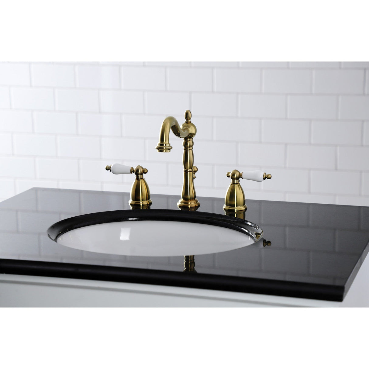 Heritage KB1977PL Two-Handle 3-Hole Deck Mount Widespread Bathroom Faucet with Brass Pop-Up, Brushed Brass