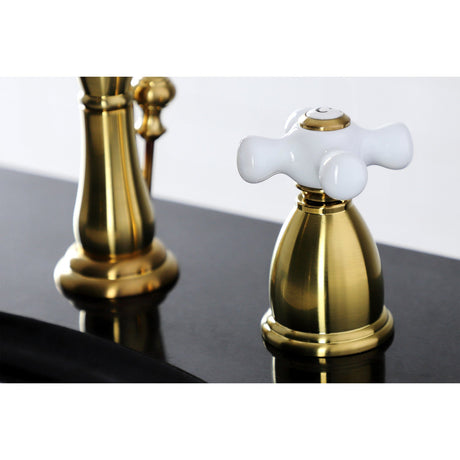 Heritage KB1977PX Two-Handle 3-Hole Deck Mount Widespread Bathroom Faucet with Brass Pop-Up, Brushed Brass