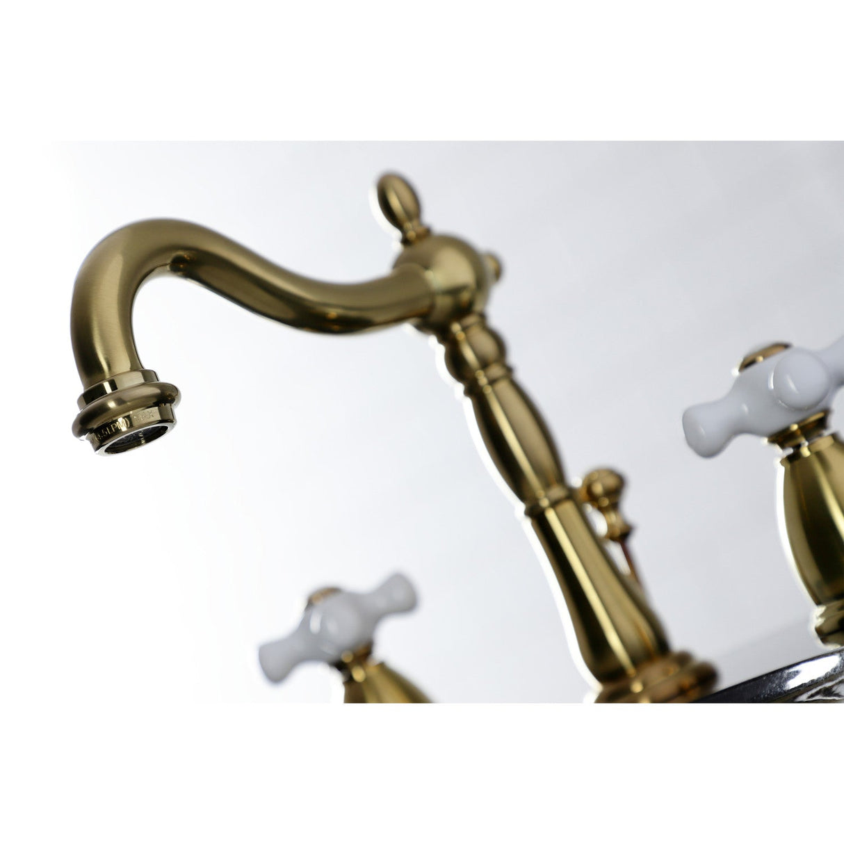 Heritage KB1977PX Two-Handle 3-Hole Deck Mount Widespread Bathroom Faucet with Brass Pop-Up, Brushed Brass