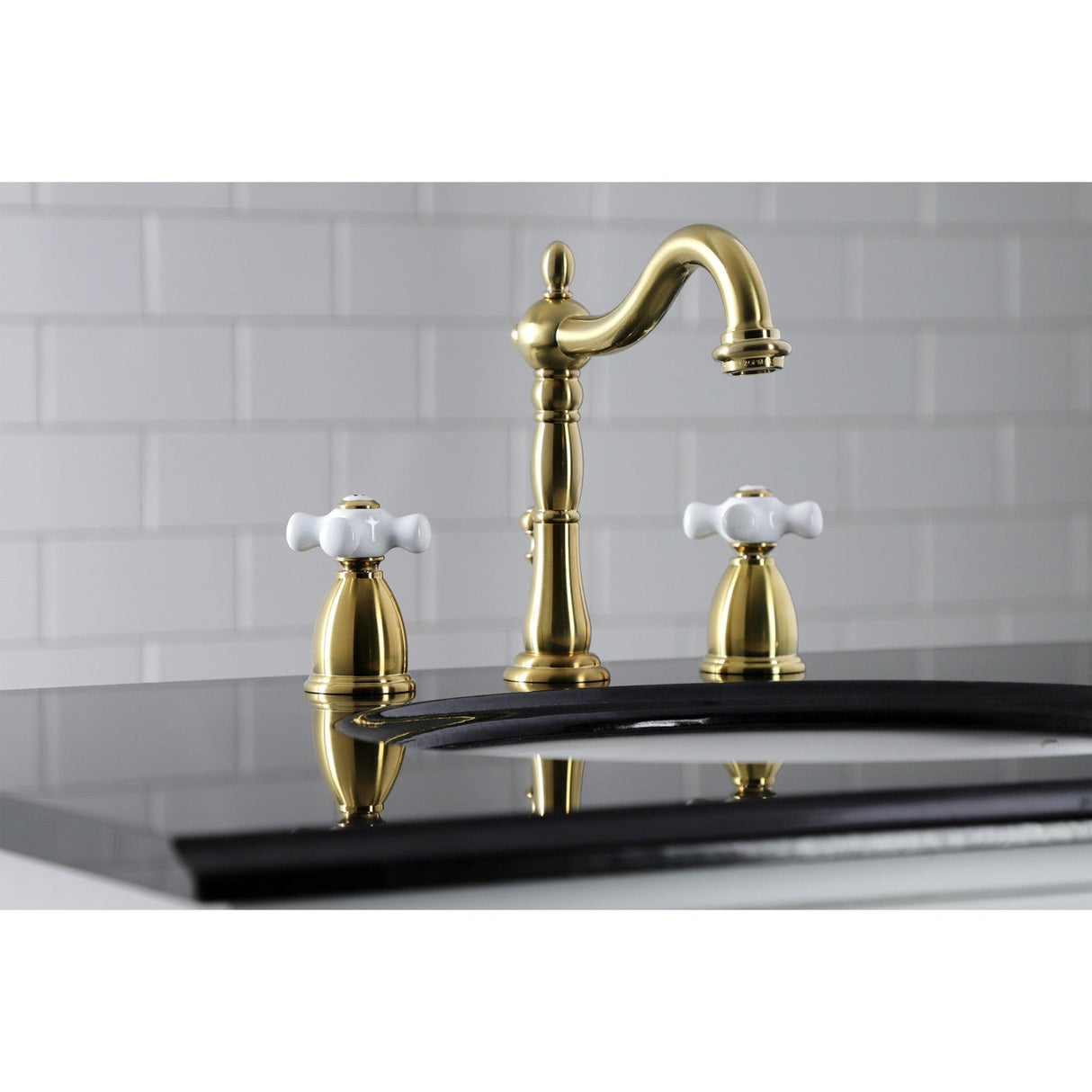 Heritage KB1977PX Two-Handle 3-Hole Deck Mount Widespread Bathroom Faucet with Brass Pop-Up, Brushed Brass