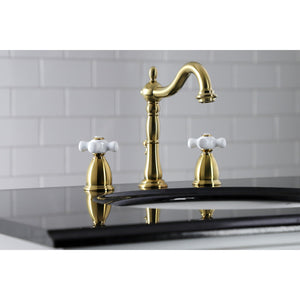Heritage KB1977PX Two-Handle 3-Hole Deck Mount Widespread Bathroom Faucet with Brass Pop-Up, Brushed Brass