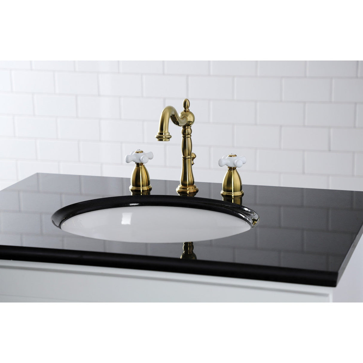 Heritage KB1977PX Two-Handle 3-Hole Deck Mount Widespread Bathroom Faucet with Brass Pop-Up, Brushed Brass
