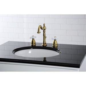 Heritage KB1977PX Two-Handle 3-Hole Deck Mount Widespread Bathroom Faucet with Brass Pop-Up, Brushed Brass