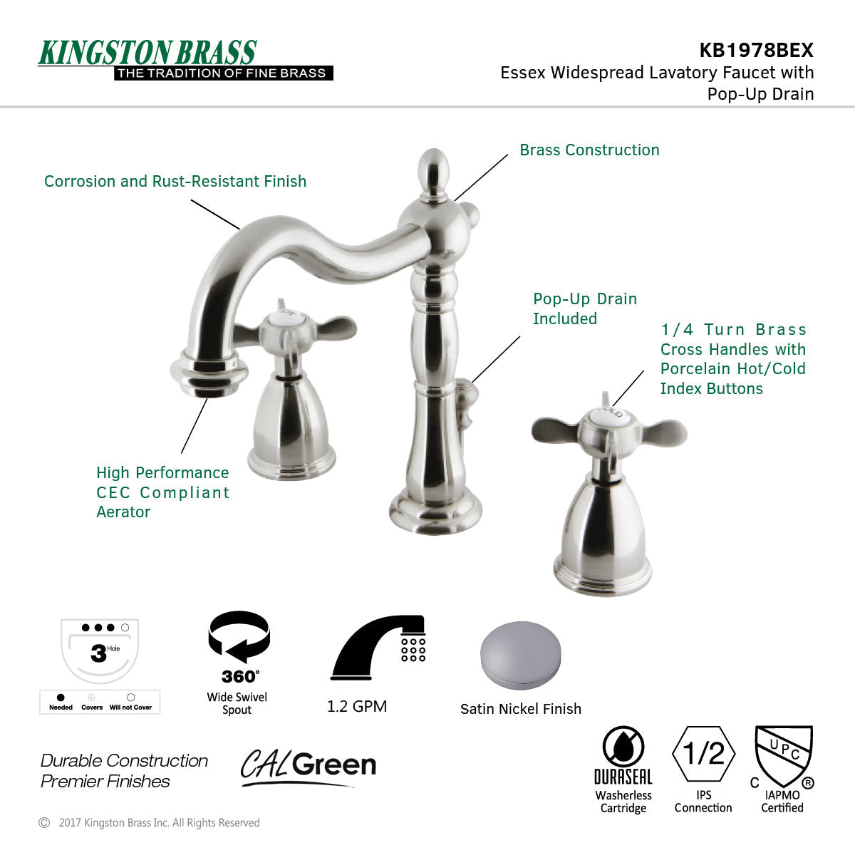 Essex KB1978BEX Two-Handle 3-Hole Deck Mount Widespread Bathroom Faucet with Plastic Pop-Up, Brushed Nickel