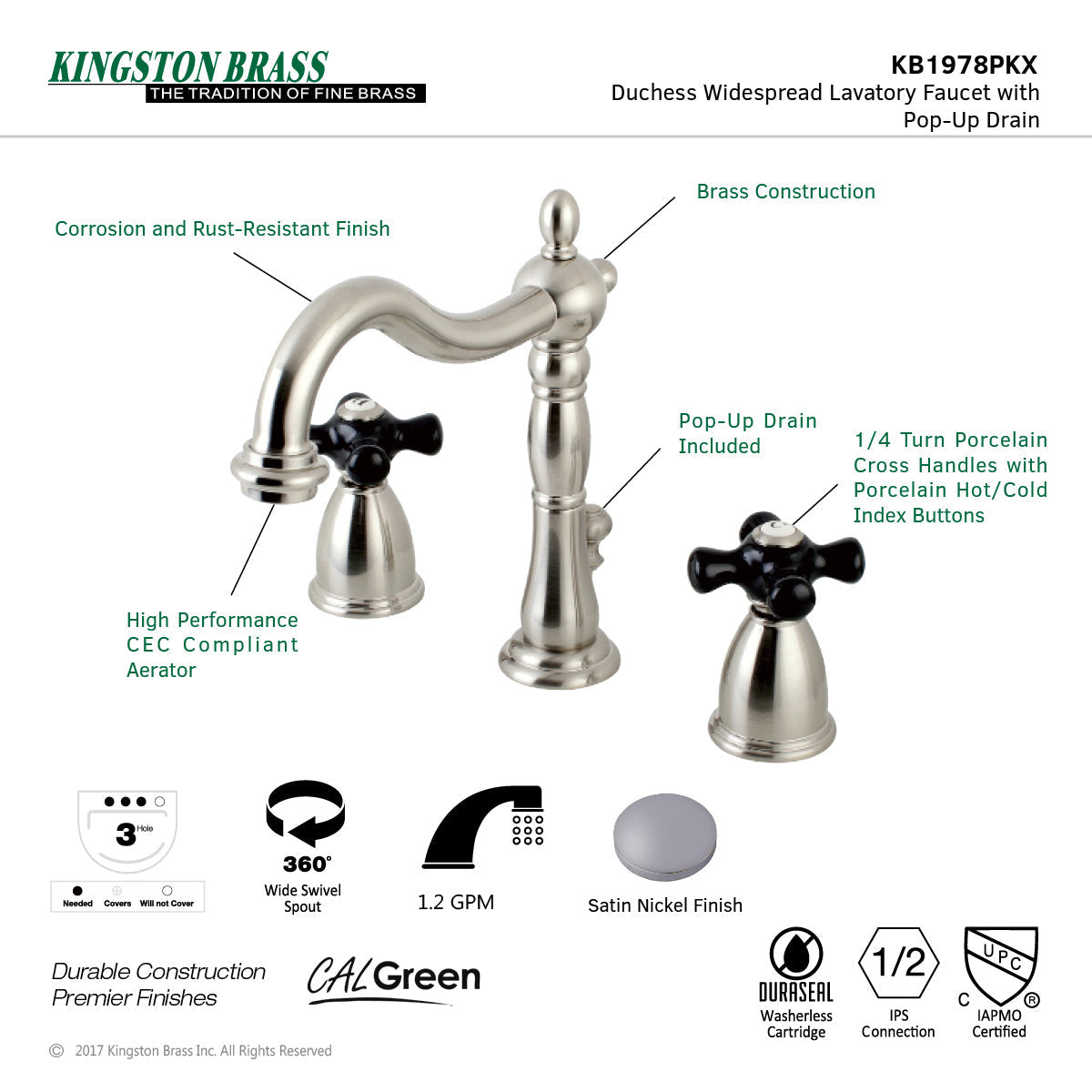 Duchess KB1978PKX Two-Handle 3-Hole Deck Mount Widespread Bathroom Faucet with Plastic Pop-Up, Brushed Nickel