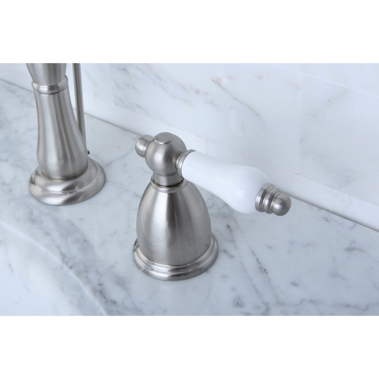 Heritage KB1978PL Two-Handle 3-Hole Deck Mount Widespread Bathroom Faucet with Plastic Pop-Up, Brushed Nickel