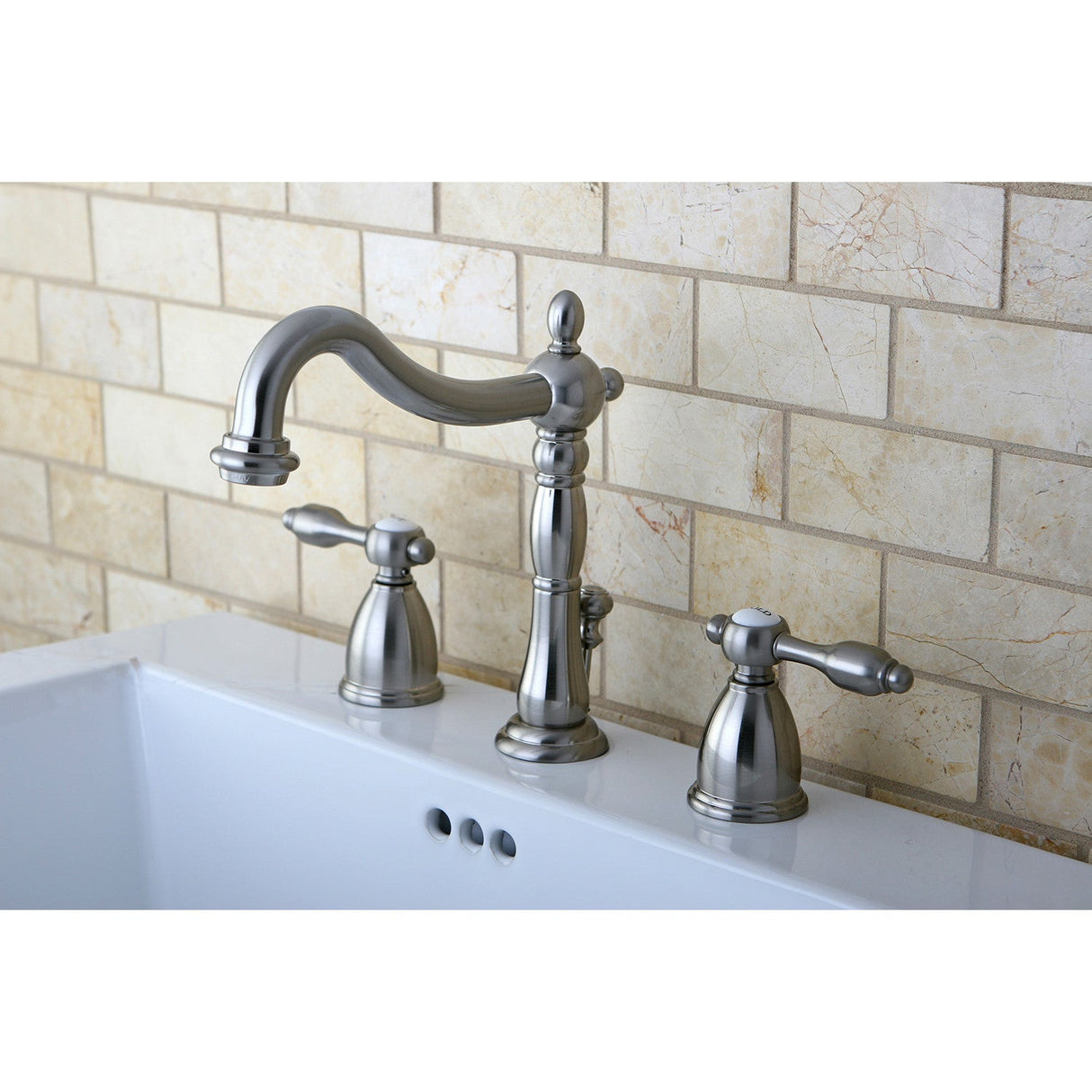 Tudor KB1978TAL Two-Handle 3-Hole Deck Mount Widespread Bathroom Faucet with Plastic Pop-Up, Brushed Nickel