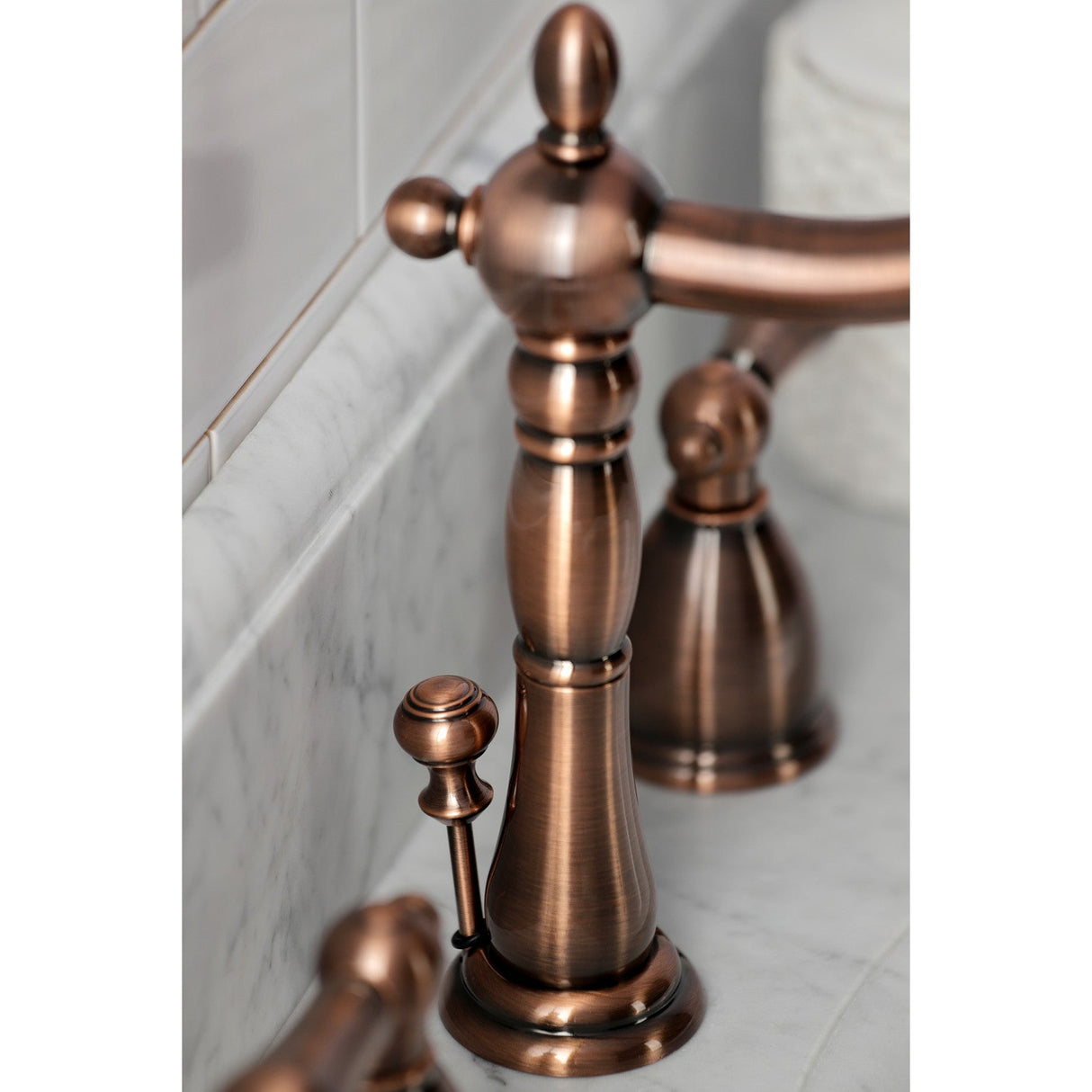 Heritage KB197ALAC Two-Handle 3-Hole Deck Mount Widespread Bathroom Faucet with Brass Pop-Up, Antique Copper