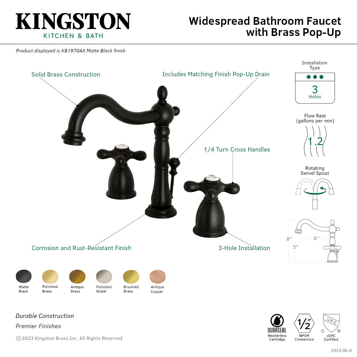 Heritage KB197AXAC Two-Handle 3-Hole Deck Mount Widespread Bathroom Faucet with Brass Pop-Up, Antique Copper