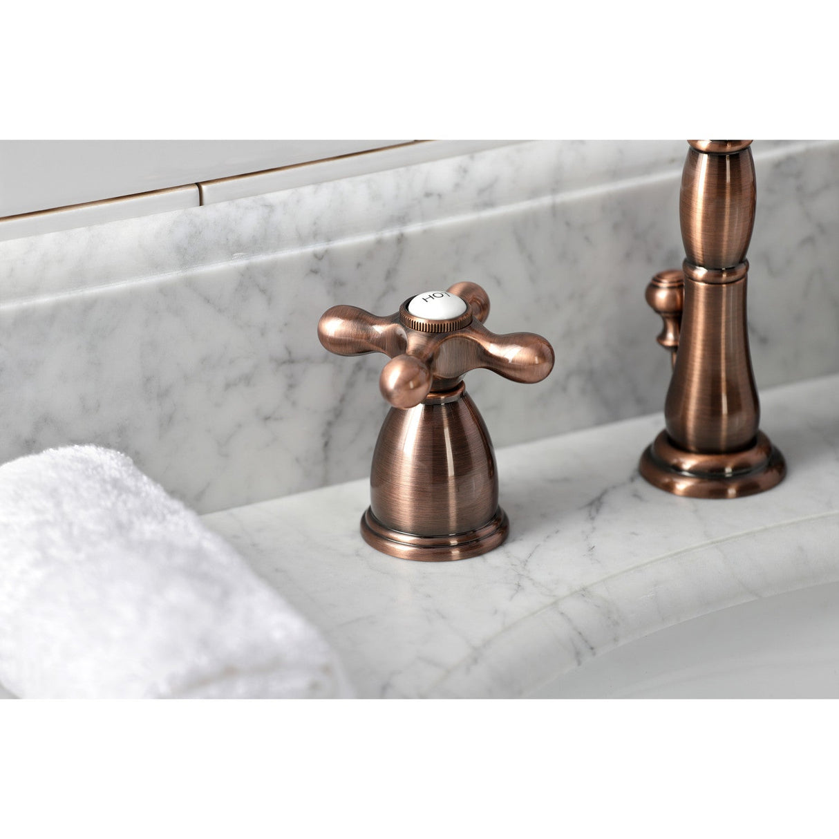 Heritage KB197AXAC Two-Handle 3-Hole Deck Mount Widespread Bathroom Faucet with Brass Pop-Up, Antique Copper