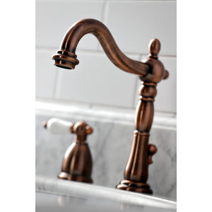 Heritage KB197PLAC Two-Handle 3-Hole Deck Mount Widespread Bathroom Faucet with Brass Pop-Up, Antique Copper