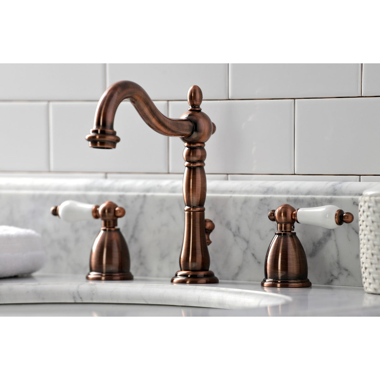 Heritage KB197PLAC Two-Handle 3-Hole Deck Mount Widespread Bathroom Faucet with Brass Pop-Up, Antique Copper