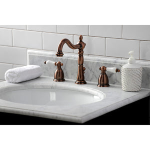 Heritage KB197PLAC Two-Handle 3-Hole Deck Mount Widespread Bathroom Faucet with Brass Pop-Up, Antique Copper