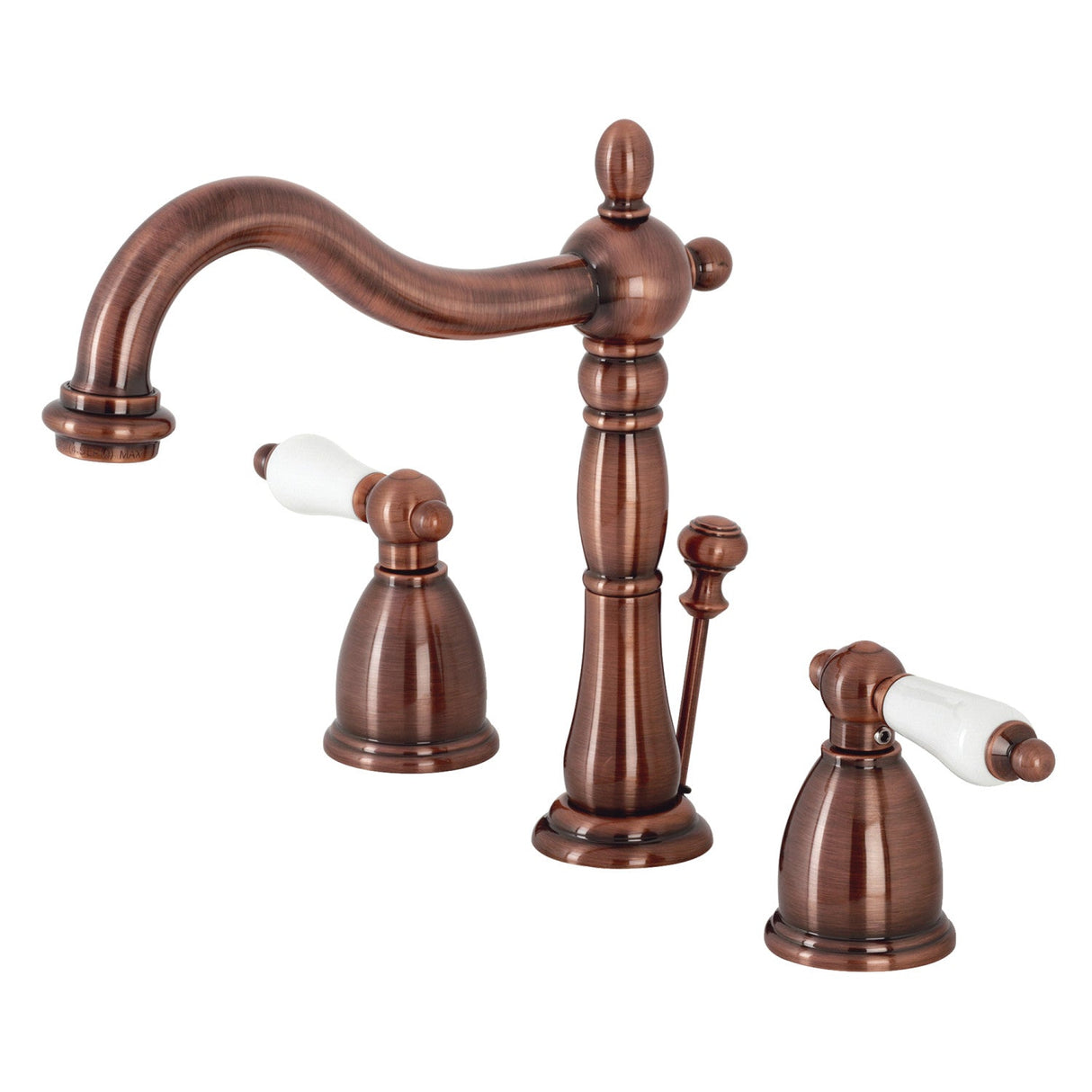 Heritage KB197PLAC Two-Handle 3-Hole Deck Mount Widespread Bathroom Faucet with Brass Pop-Up, Antique Copper